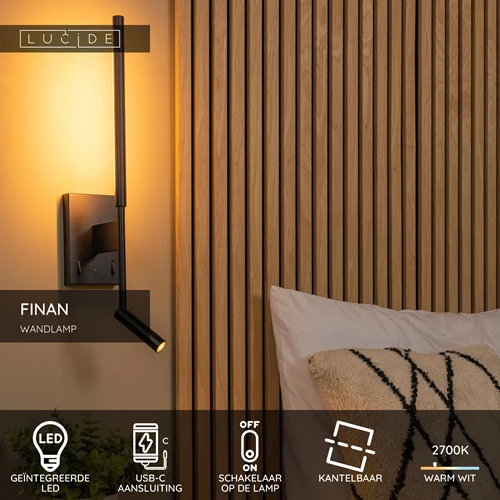 Lucide FINAN - Wandlamp - LED - 2700K - Met USB oplaadpunt - Zwart - USP